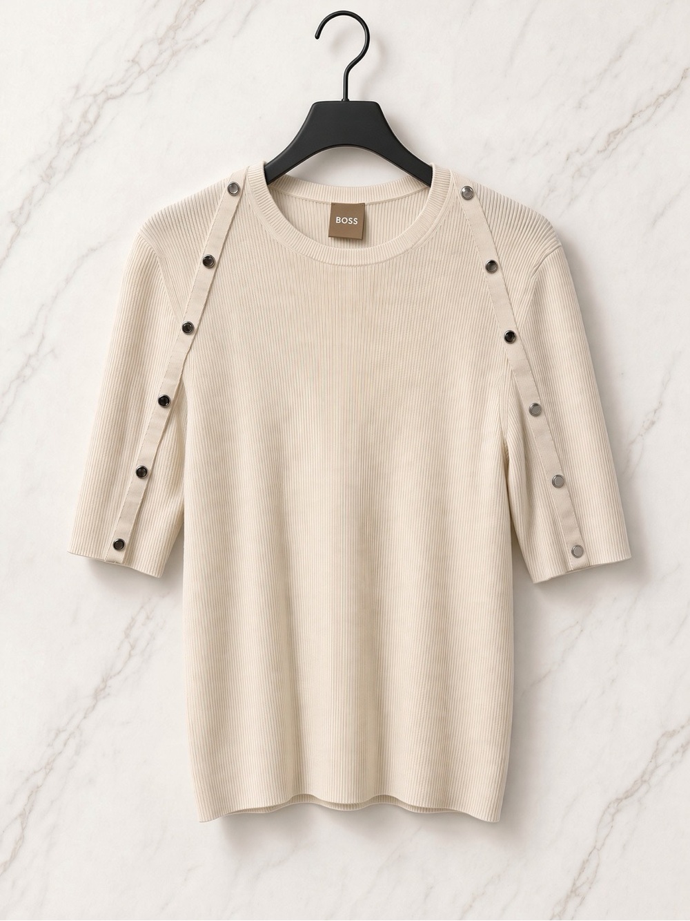 BOSS Cream Ribbed Short-Sleeve Top with Button Trim